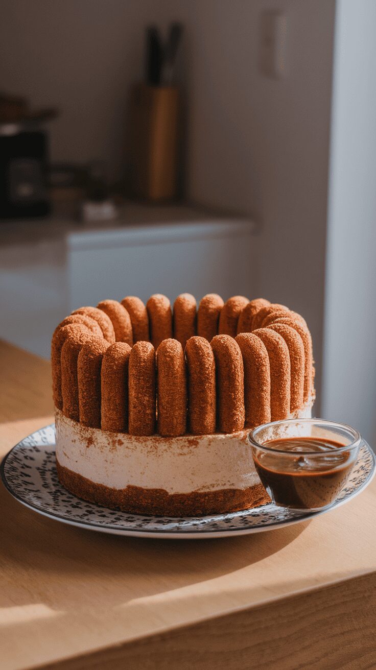 A beautifully presented churro cheesecake with a cinnamon sugar topping and a chocolate sauce on the side.