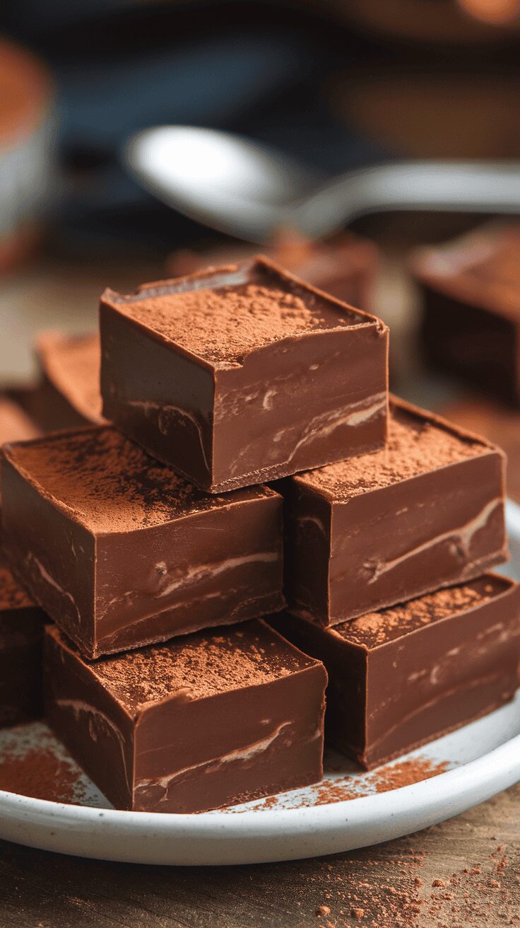 A close-up of stacked classic chocolate fudge squares dusted with cocoa powder.