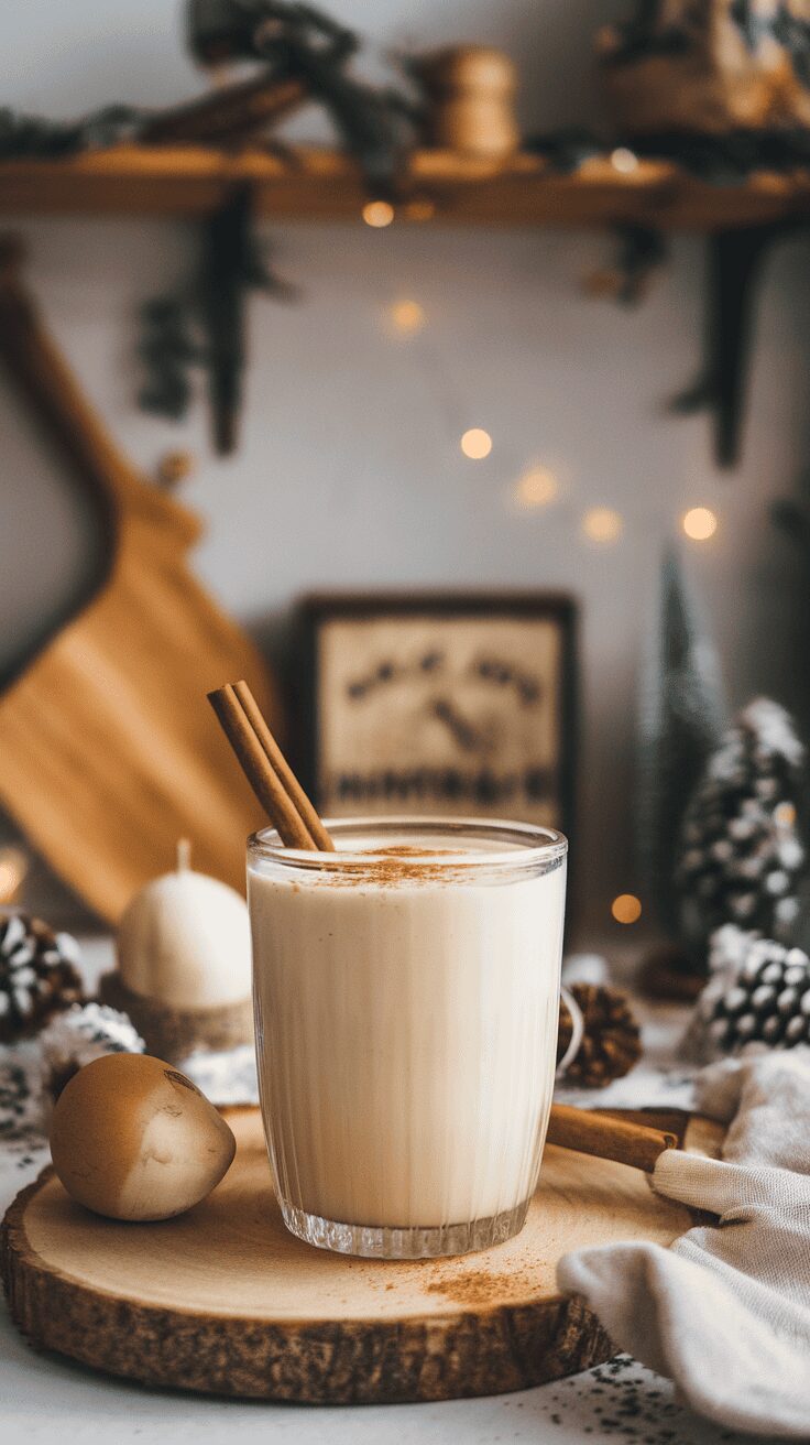 A glass of creamy eggnog garnished with a cinnamon stick, surrounded by holiday decorations.