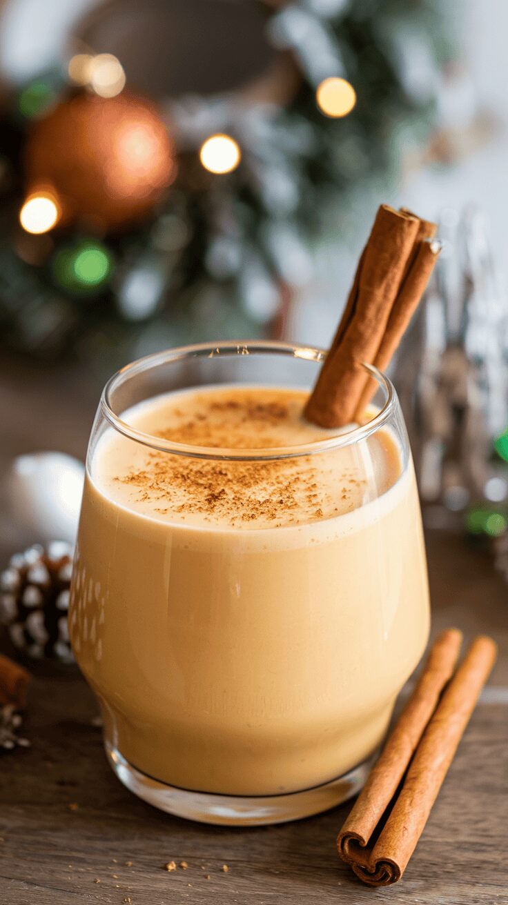 A glass of spiced eggnog with cinnamon sticks, surrounded by festive decorations.