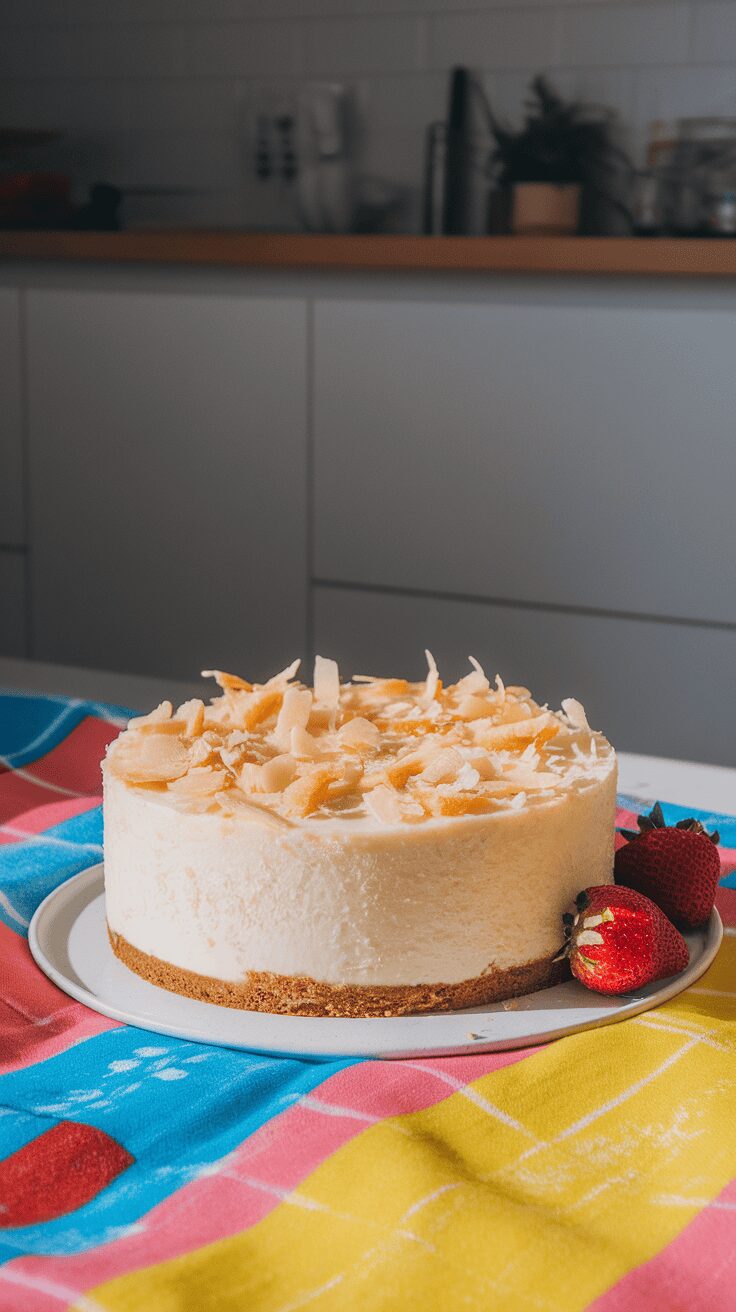 A coconut cream cheesecake topped with coconut flakes, surrounded by strawberries on a colorful tablecloth.