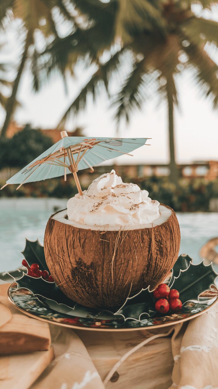 A coconut filled with creamy eggnog, topped with whipped cream and a decorative umbrella, set against a sunny backdrop.