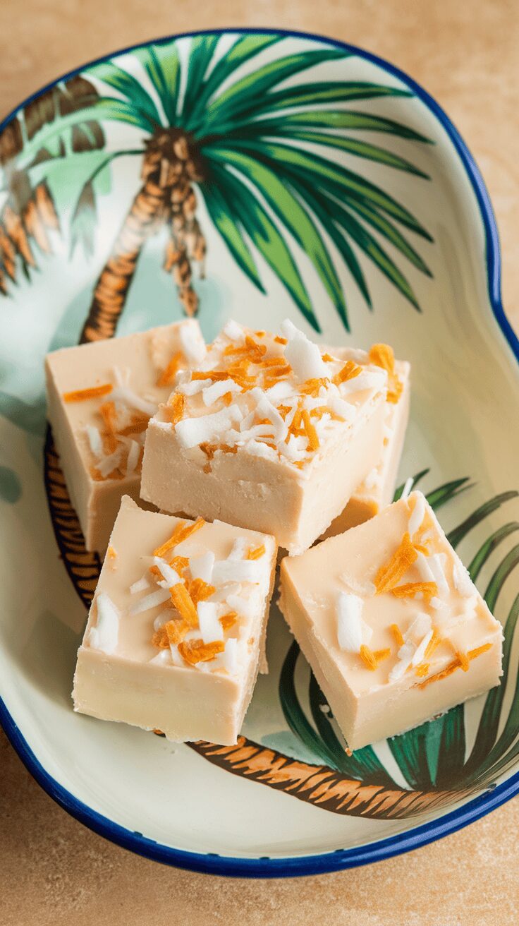 Coconut cream fudge squares topped with shredded coconut and orange zest on a decorative plate