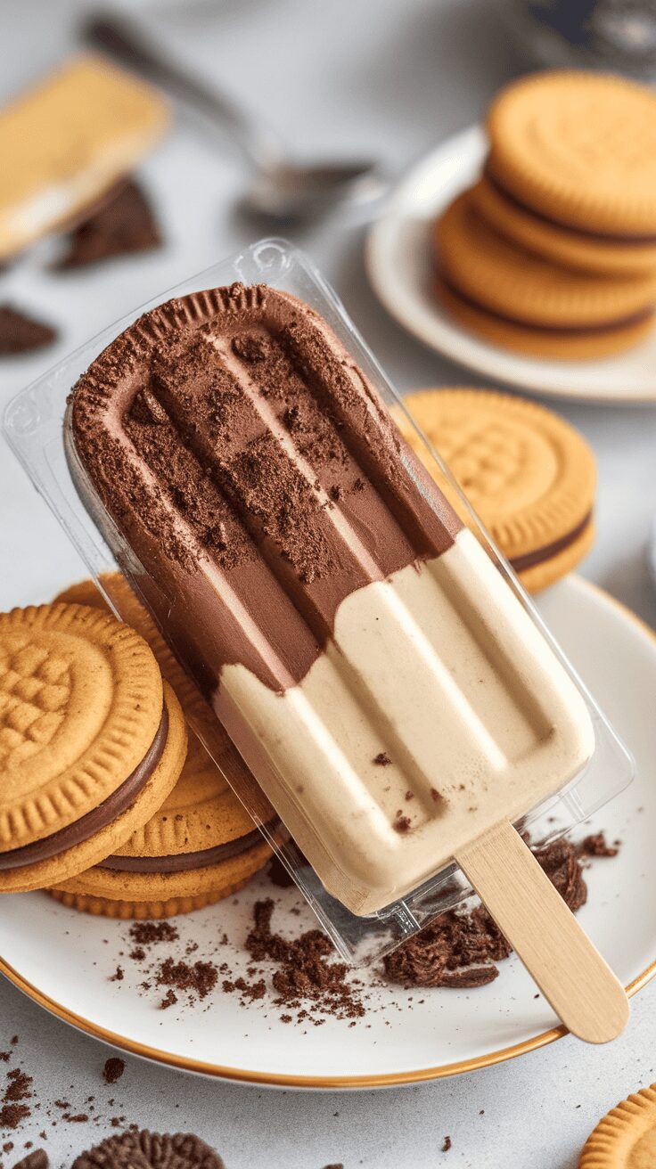Chocolate and vanilla layered popsicle with cookie crumbs, surrounded by cookies