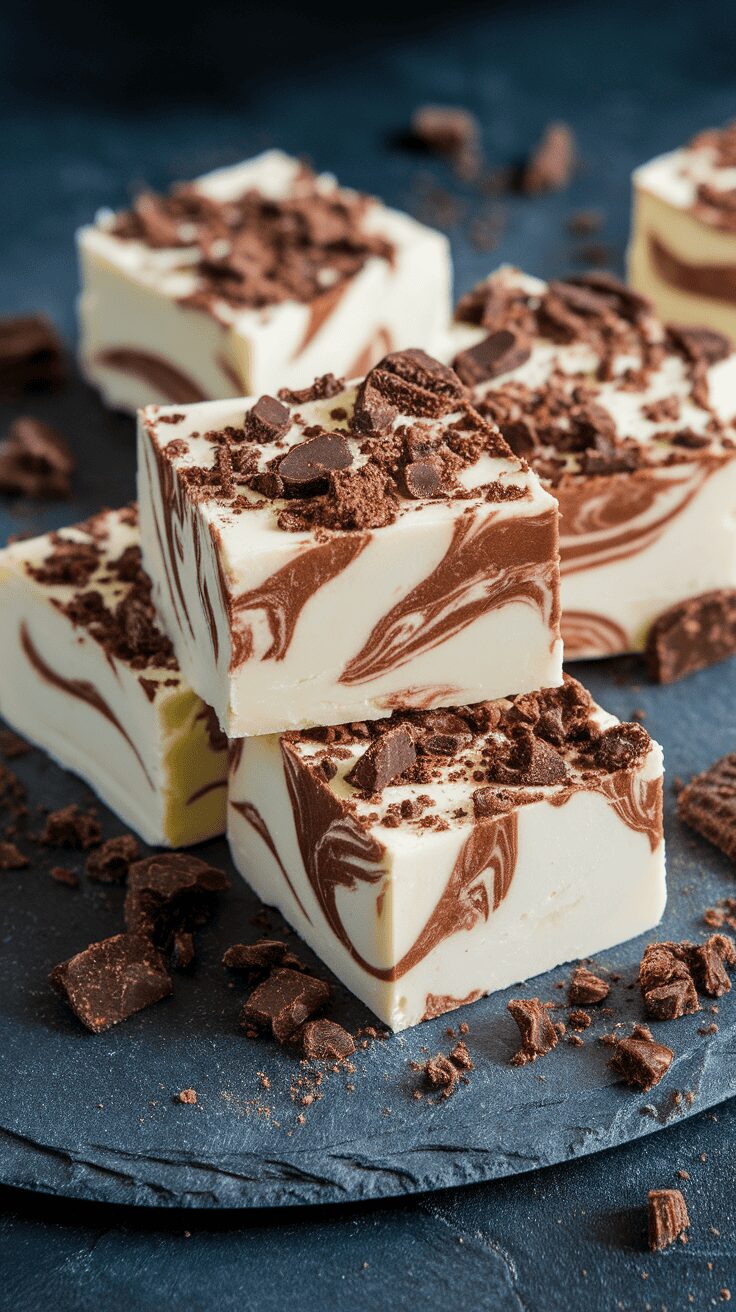 Delicious Cookies and Cream Fudge with chocolate and vanilla swirls, topped with cookie crumbles