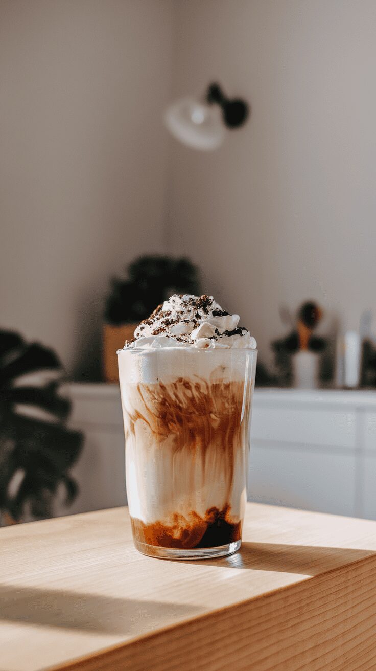 A glass of cookies and cream protein coffee topped with whipped cream and chocolate shavings.