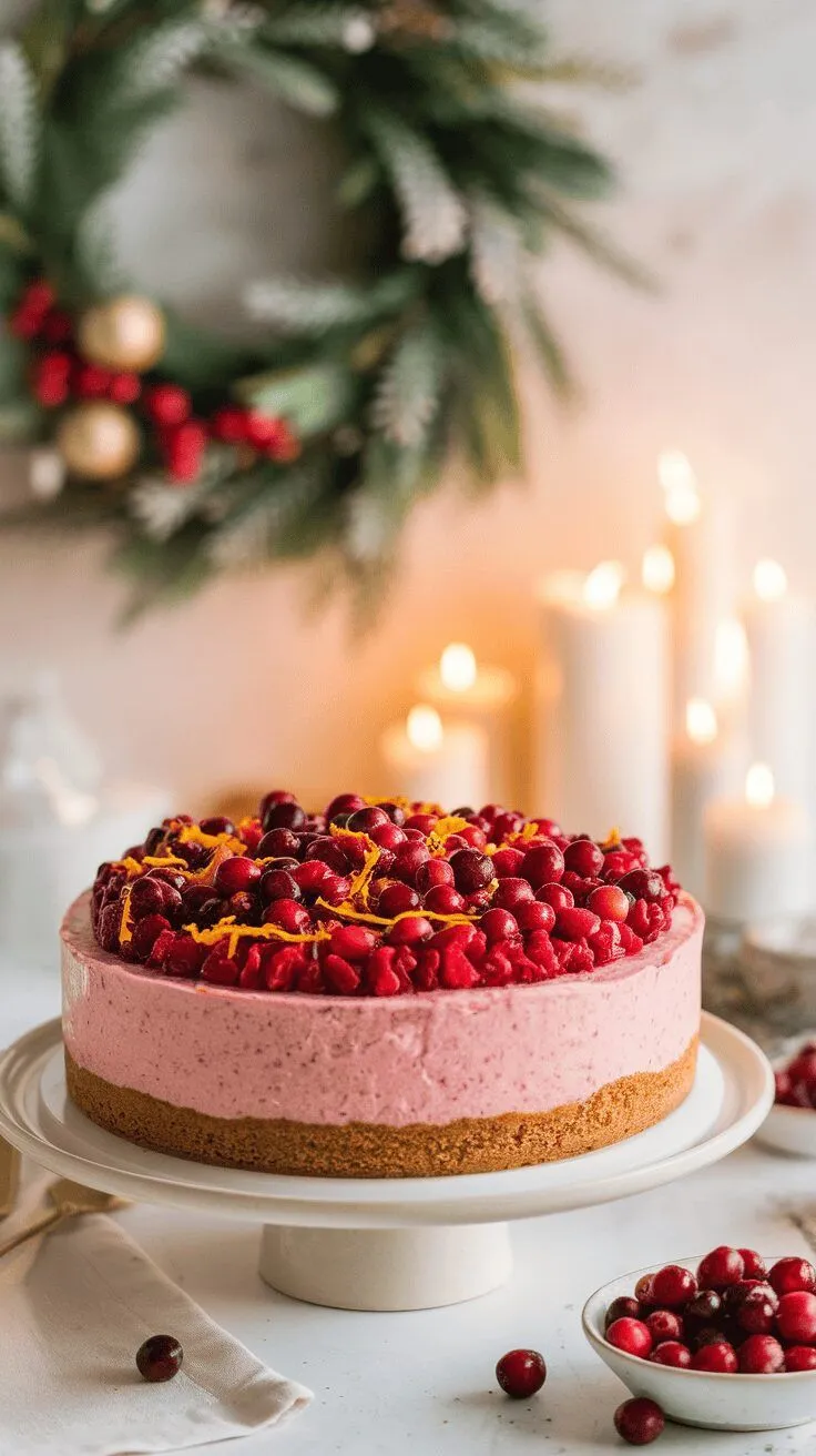 A delicious cranberry orange cheesecake topped with fresh cranberries and orange zest, set against a festive background.