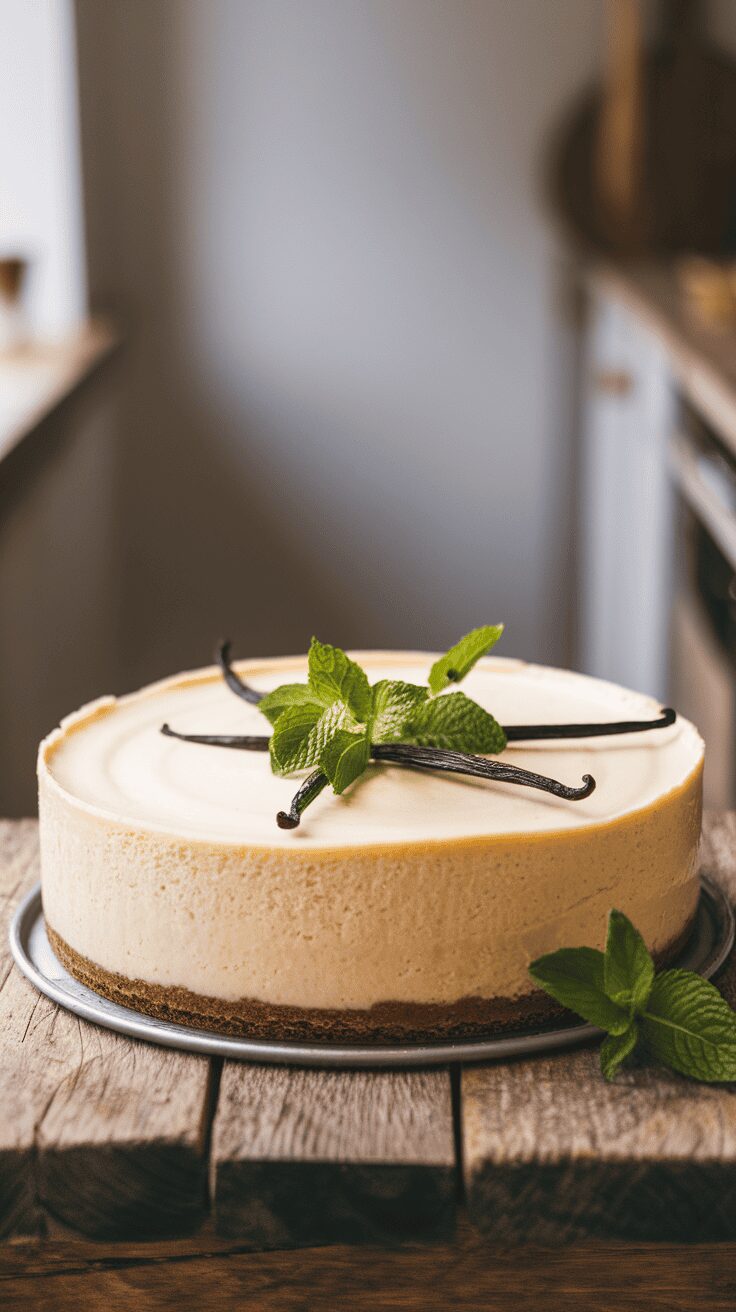 A delicious creamy vanilla bean cheesecake with mint leaves and vanilla beans on top.