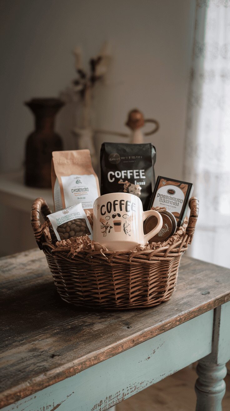 A beautifully arranged coffee gift basket featuring a coffee mug, premium coffee, and various coffee-related treats.