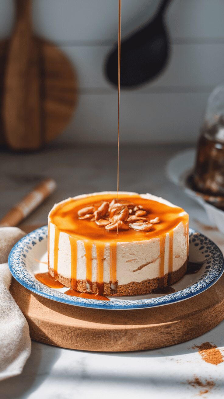 A creamy dulce de leche cheesecake with caramel drizzle and nuts on top.