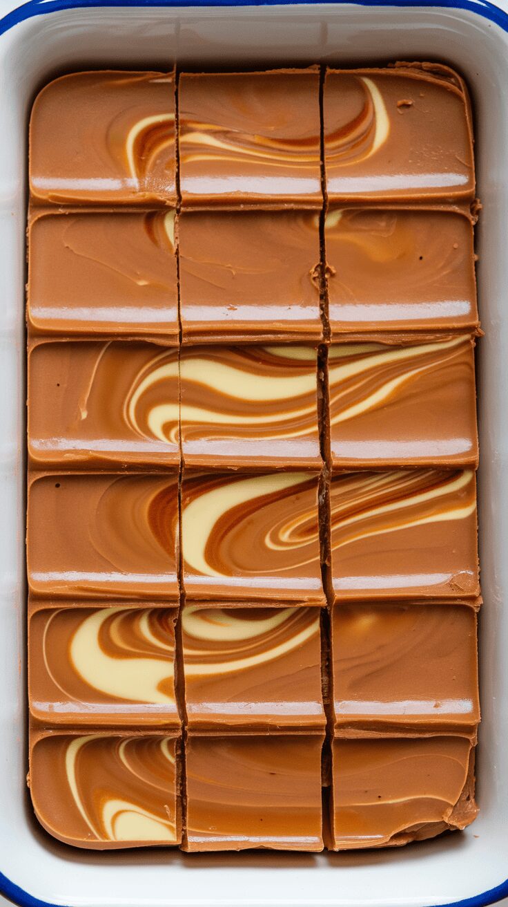 A tray of dulce de leche fudge cut into squares with a swirled design.
