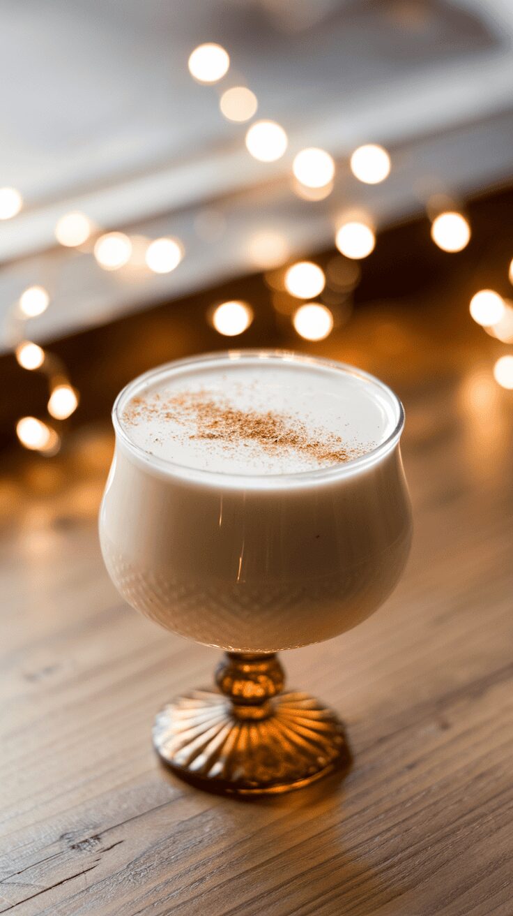 A glass of Eggnog Brandy Alexander topped with a sprinkle of nutmeg, set against a backdrop of warm holiday lights.