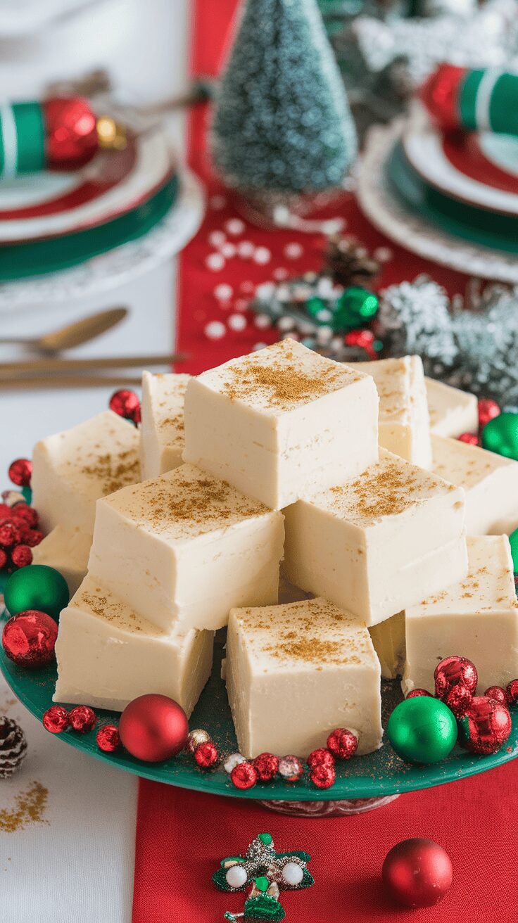A plate of creamy eggnog fudge surrounded by festive decorations.