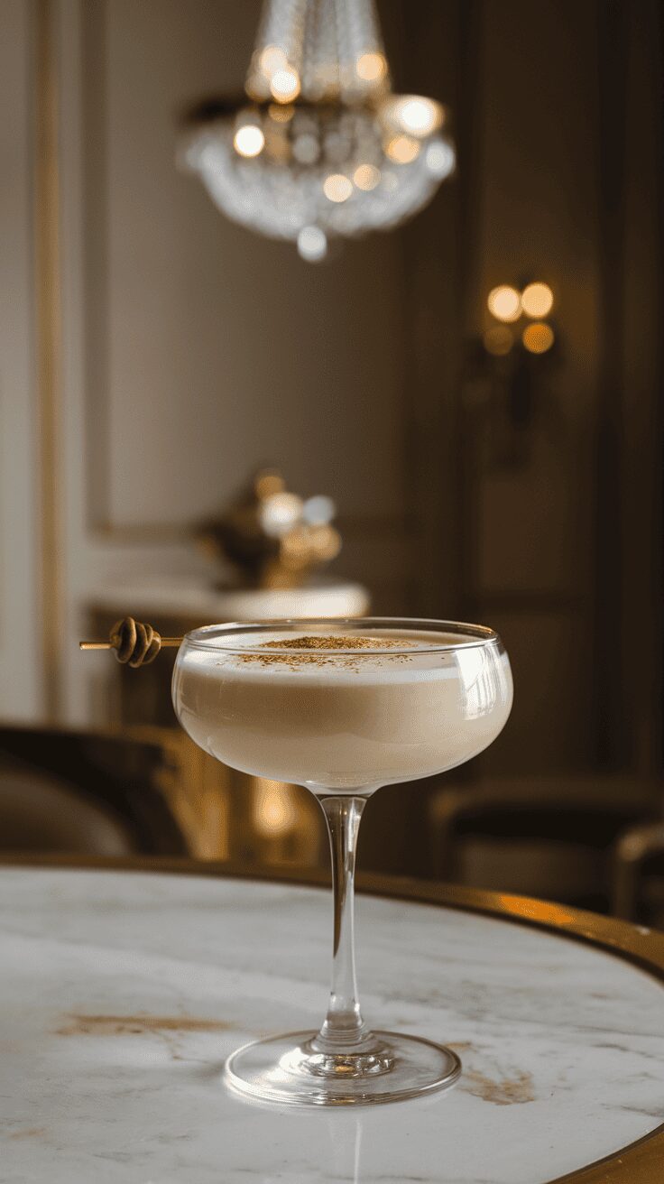A stylish Eggnog Martini in a glass with a garnish, set on a marble table.