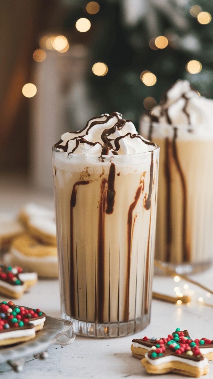 A glass of Eggnog Mudslide topped with whipped cream and chocolate drizzle, alongside festive cookies.