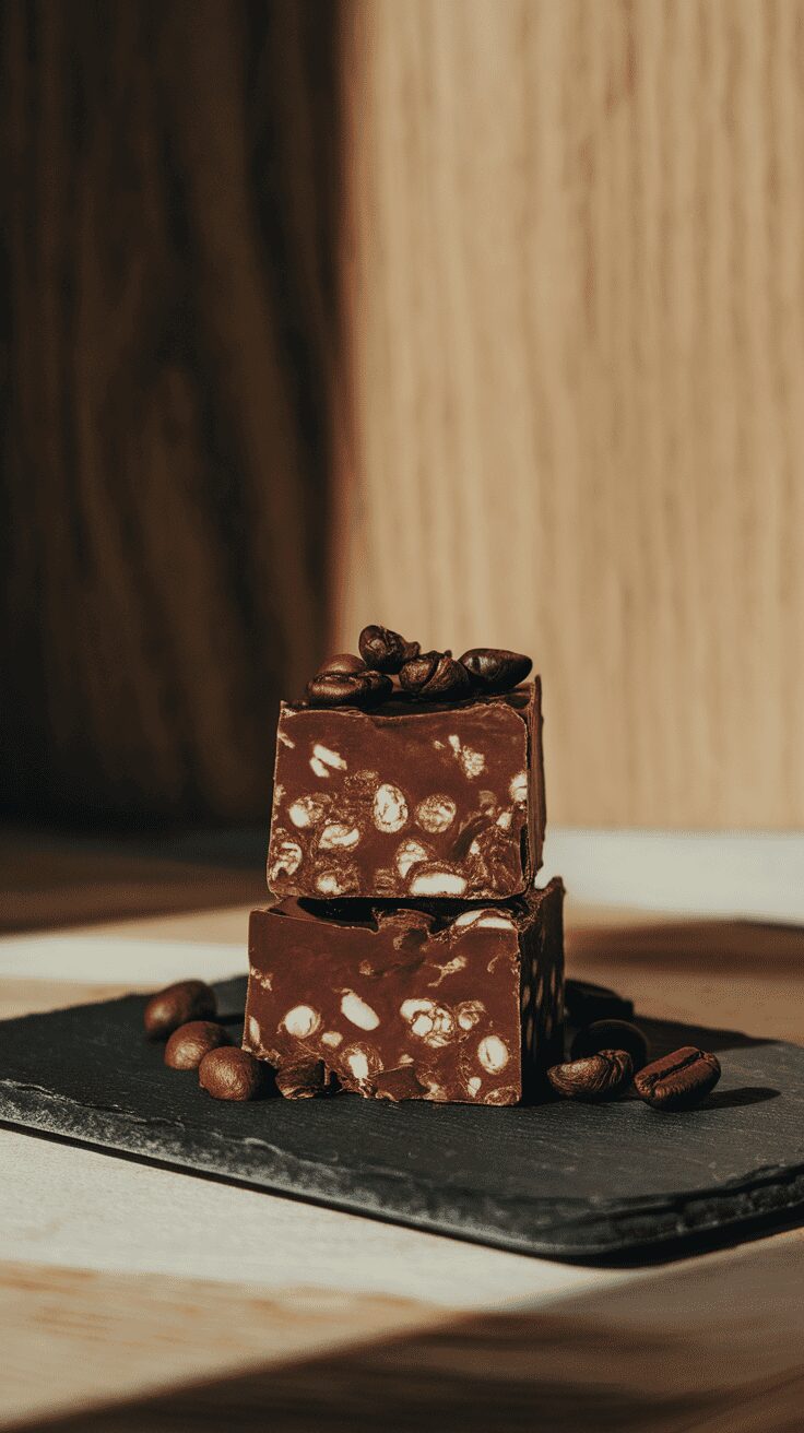 Two pieces of espresso fudge topped with coffee beans on a slate plate.