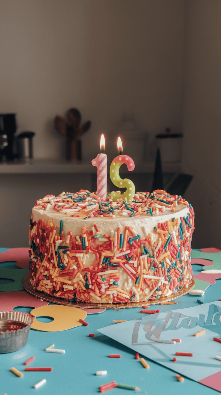 A colorful funfetti cheesecake with sprinkles and candles on top