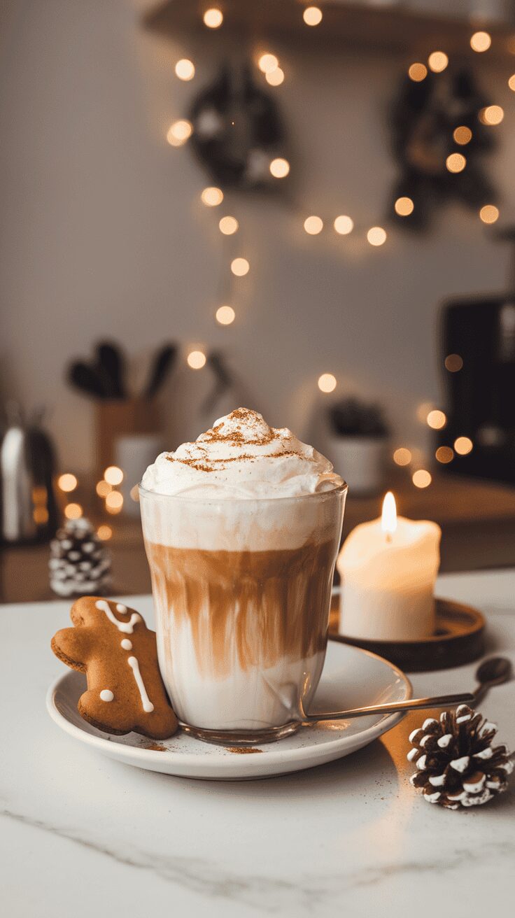 A cozy gingerbread latte topped with whipped cream and a gingerbread cookie, surrounded by festive decorations.