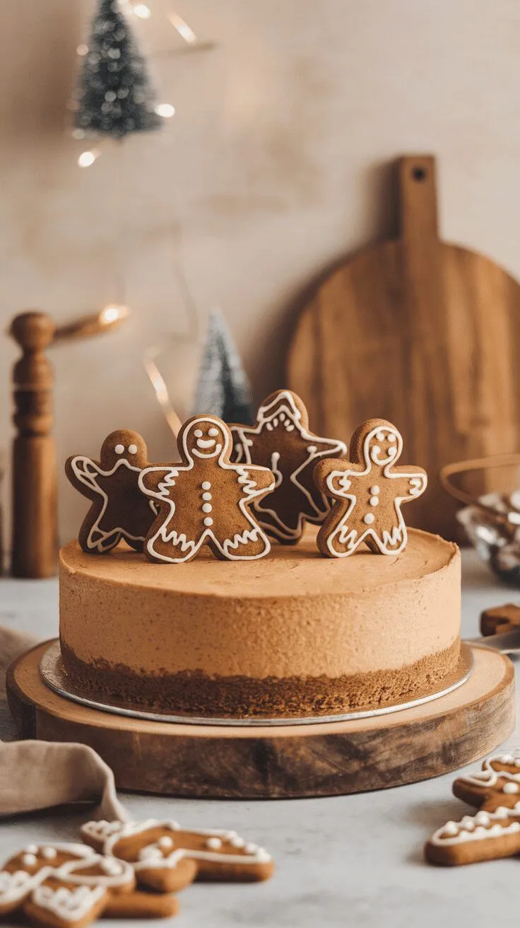 A delicious gingerbread cheesecake decorated with gingerbread cookies on top.