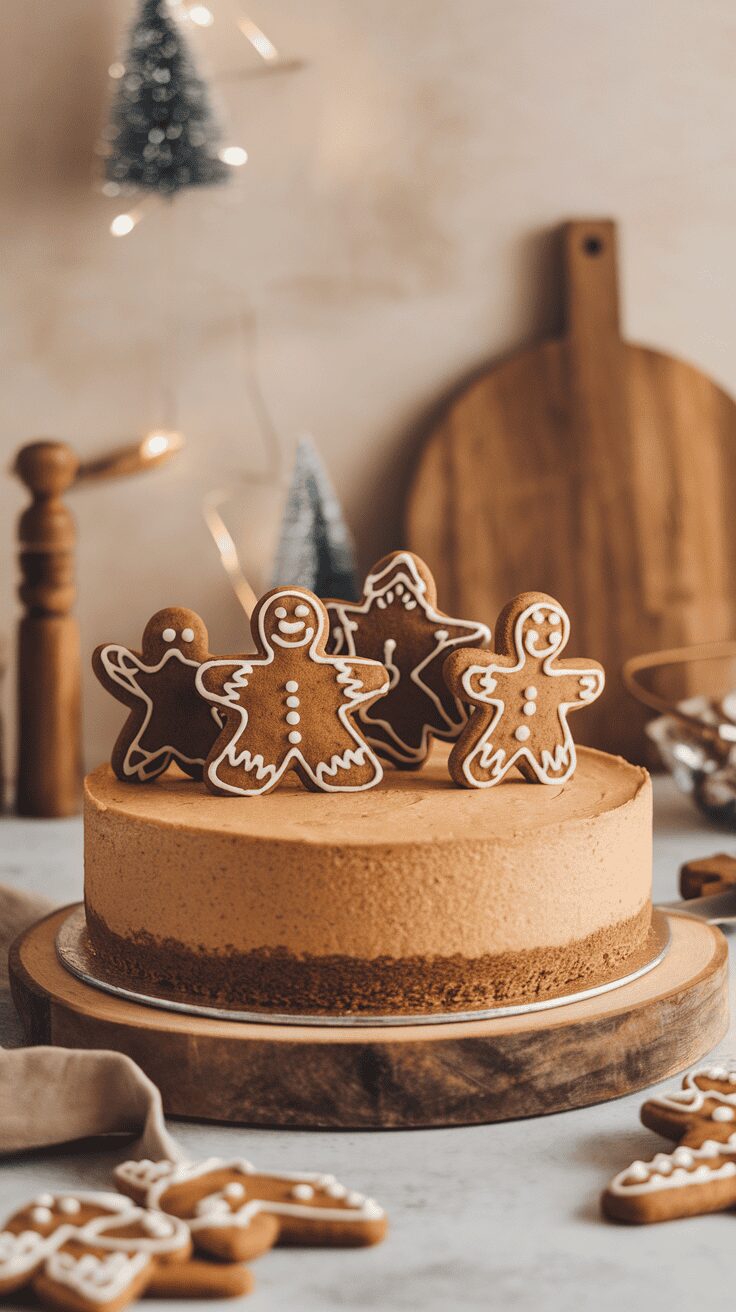 A delicious gingerbread cheesecake decorated with gingerbread cookies on top.