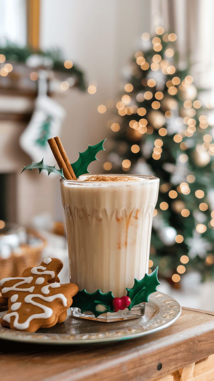 A glass of eggnog with gingerbread cookies, decorated with holly and cinnamon sticks, set against a Christmas tree backdrop.