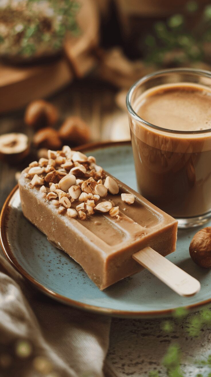 A hazelnut coffee popsicle with chopped nuts on top, next to a glass of coffee.