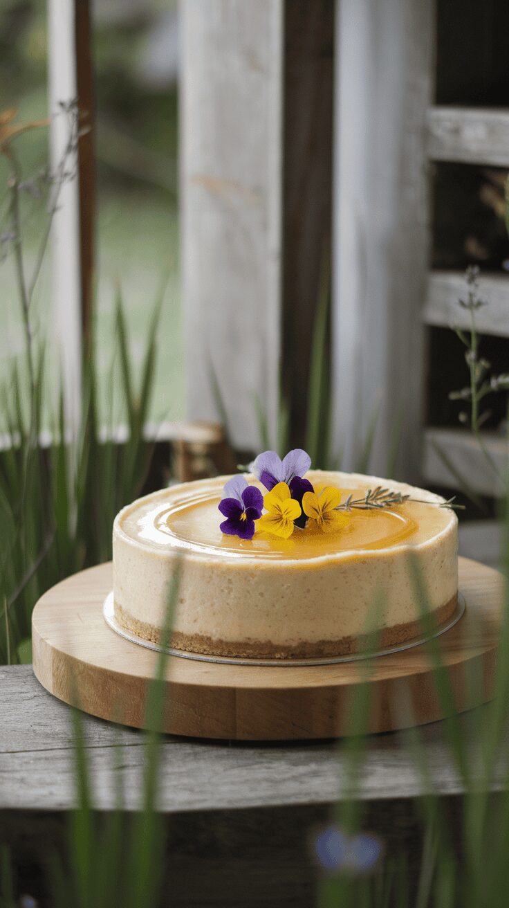 A beautiful honey lavender cheesecake topped with flowers on a wooden serving board.