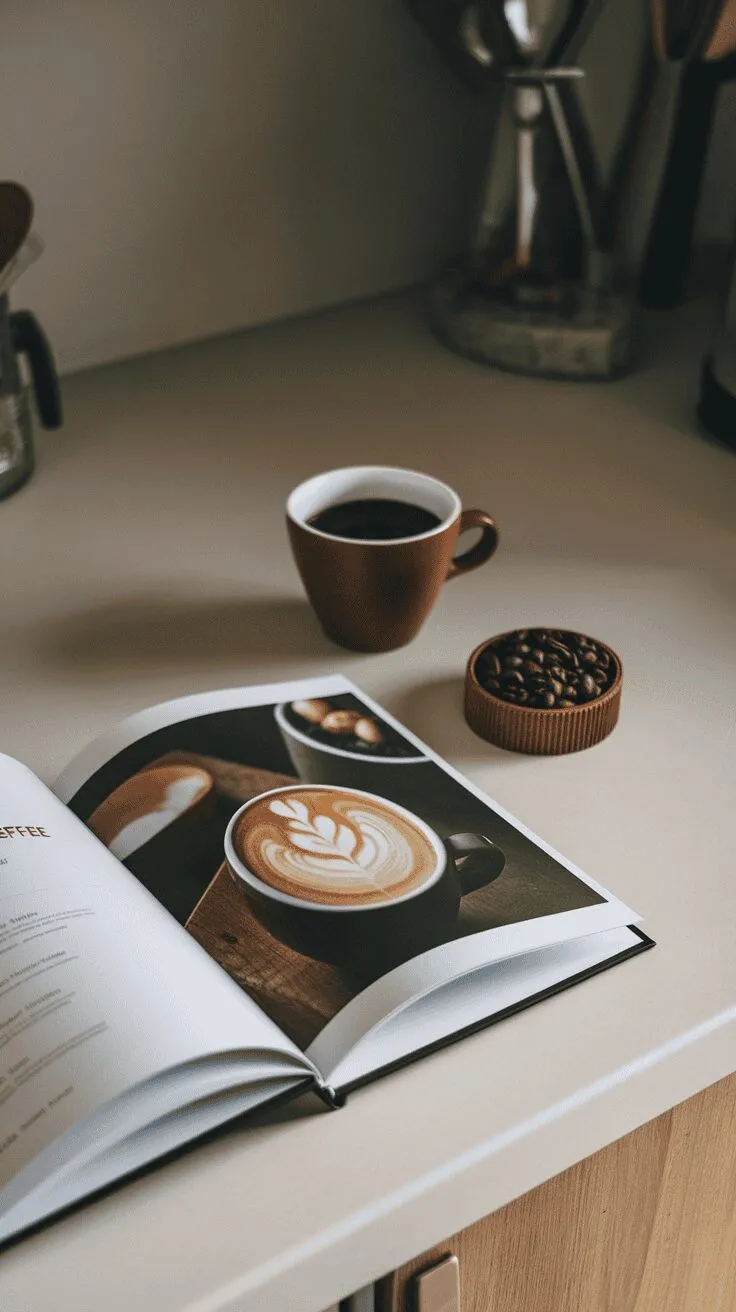 A cozy setup featuring a coffee mug, a recipe book open on a table, and a bowl of coffee beans.