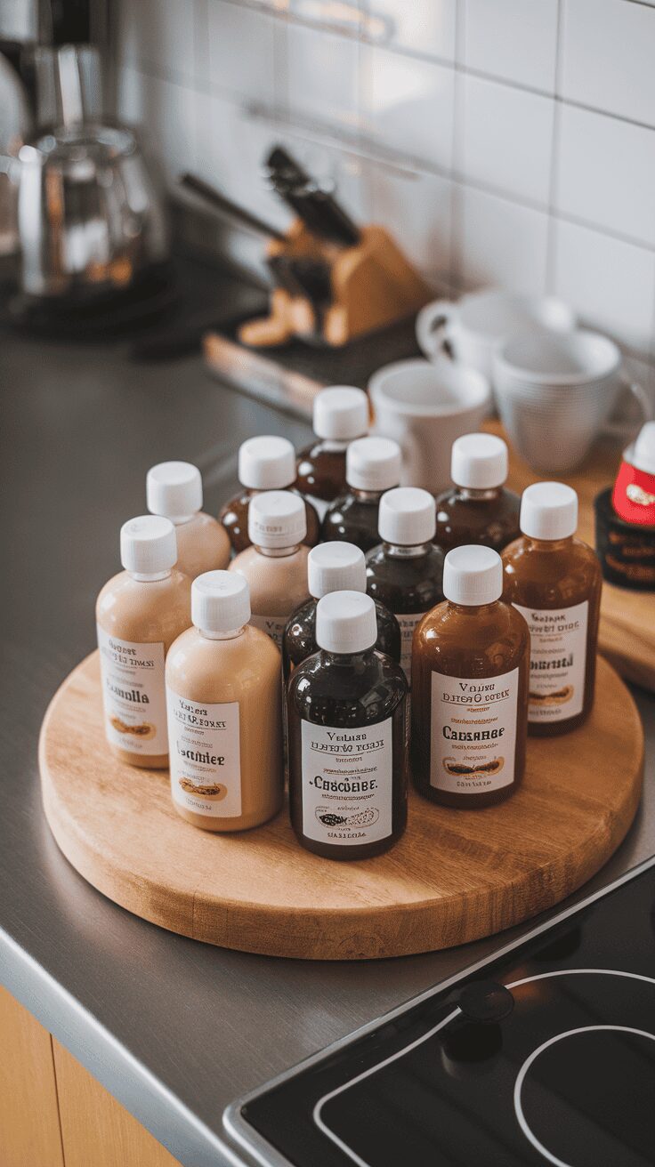 A variety of flavored coffee syrups displayed on a wooden tray in a kitchen.