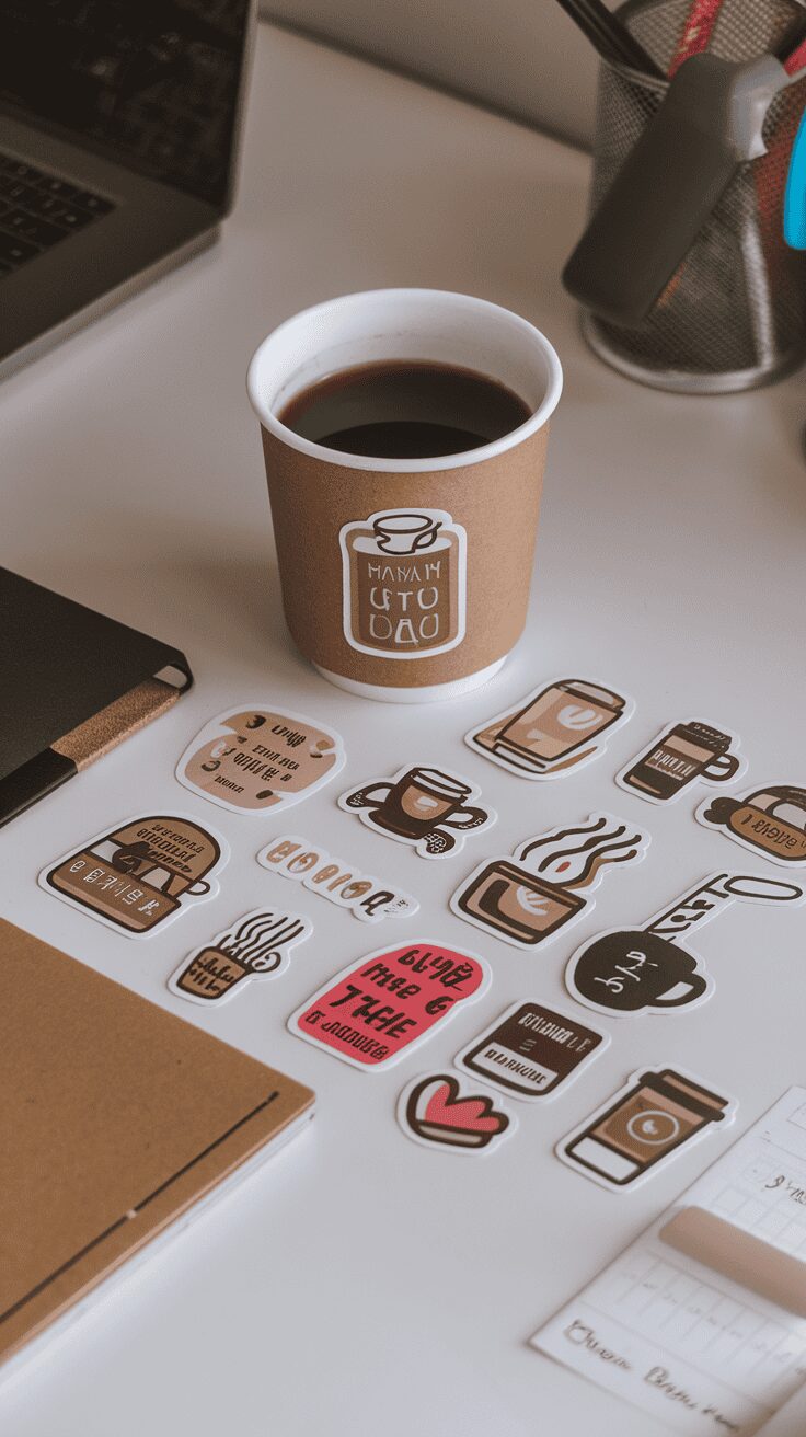 A collection of coffee-themed stickers placed next to a coffee cup and a notebook.