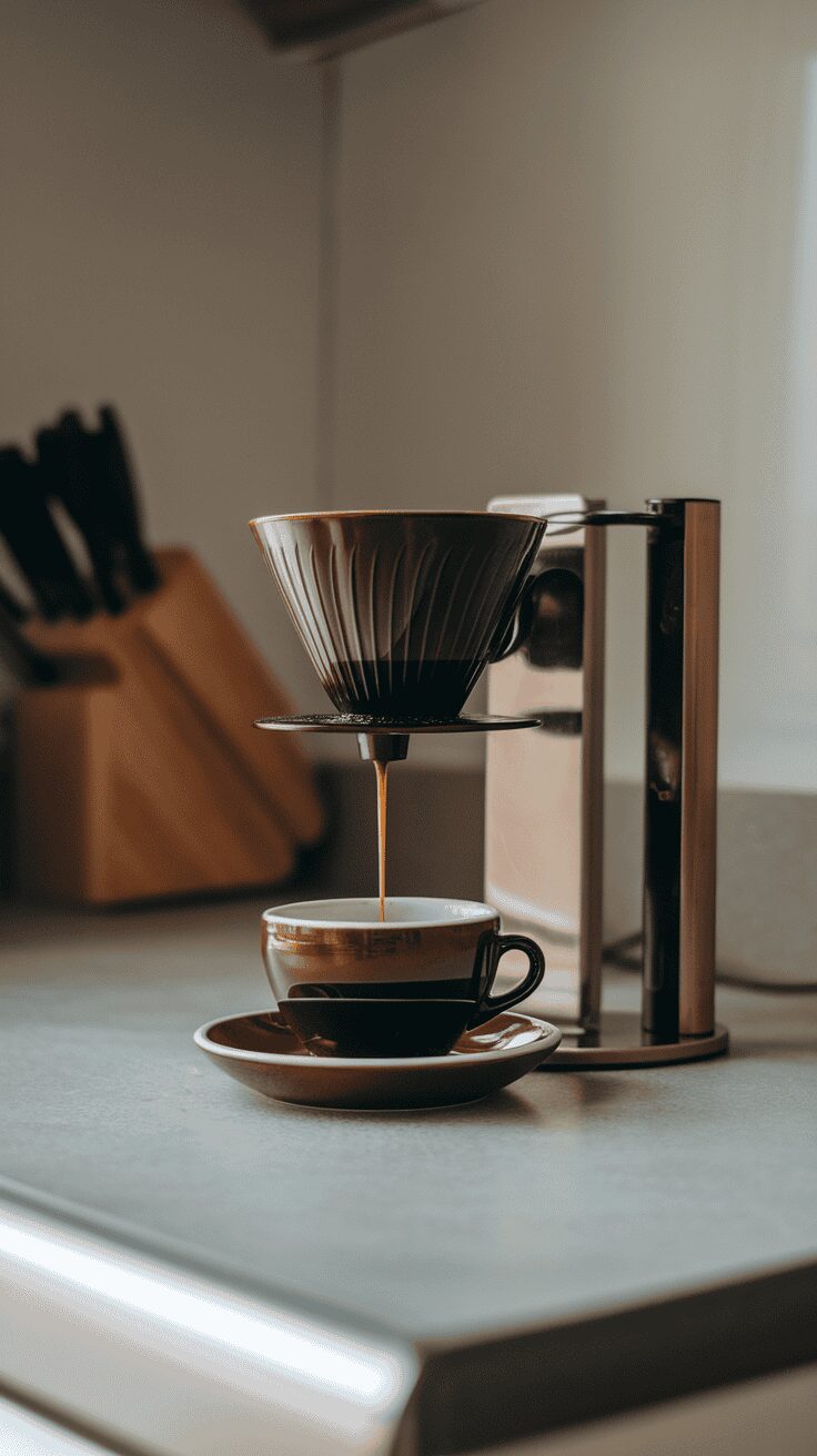 Coffee drip stand with a cup and saucer on a kitchen countertop.