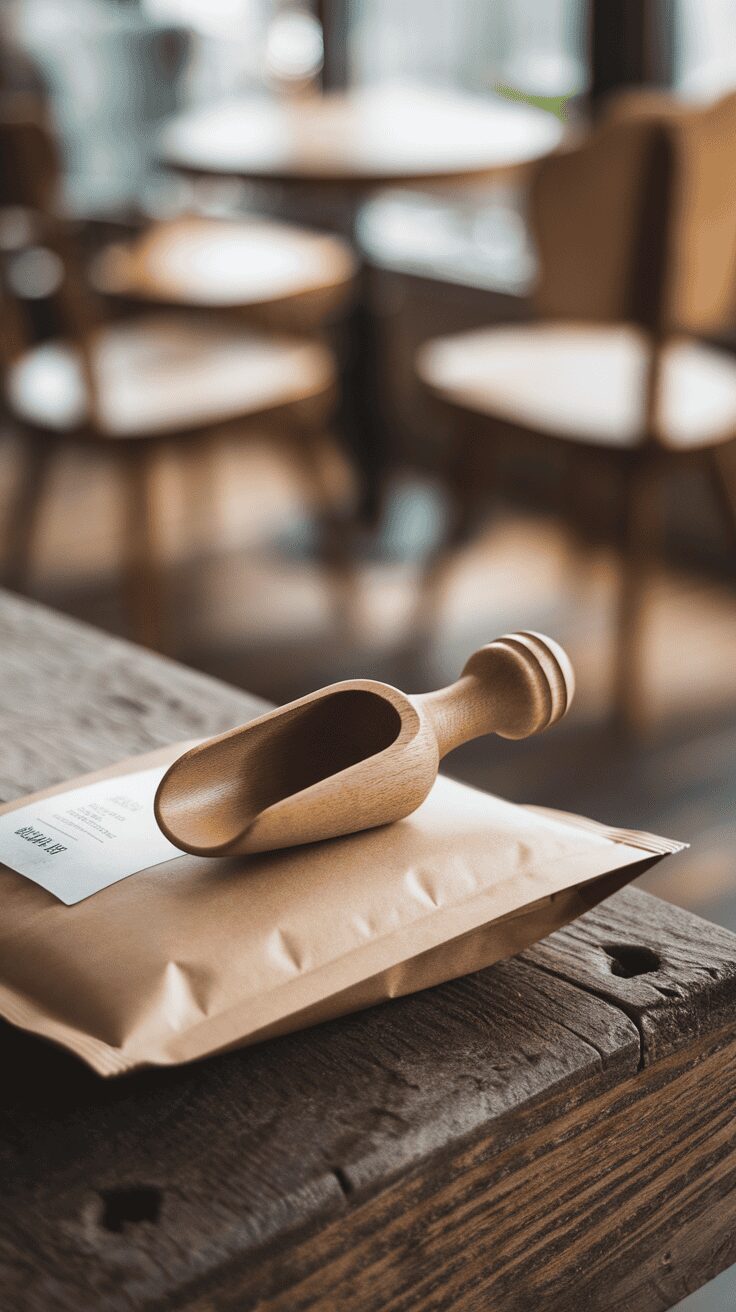 A wooden coffee scoop resting on a brown coffee bag, with a cozy café background.