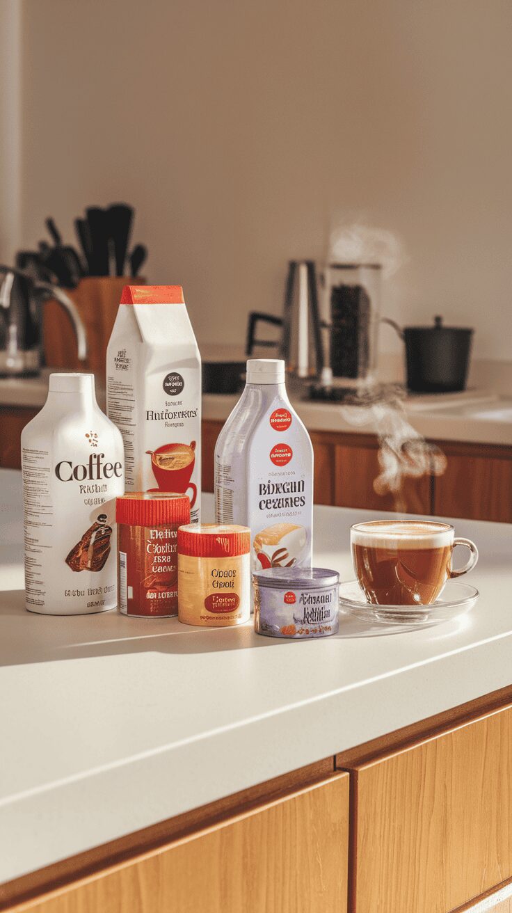A variety of coffee creamers and powdered mixes on a kitchen counter with a cup of coffee.