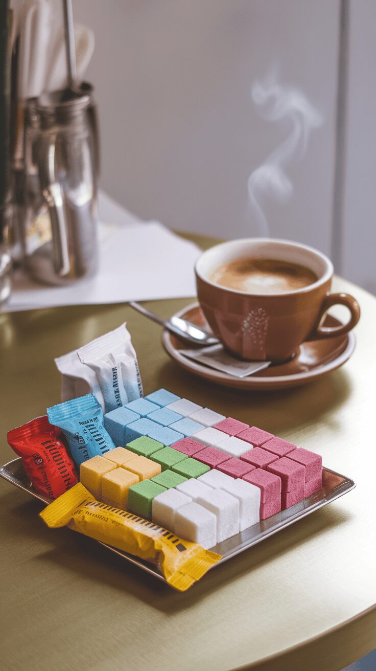 A tray of colorful sugar cubes and sweetener packets next to a cup of coffee.