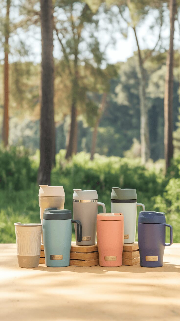 A variety of eco-friendly travel mugs in different colors and designs displayed in a natural outdoor setting.