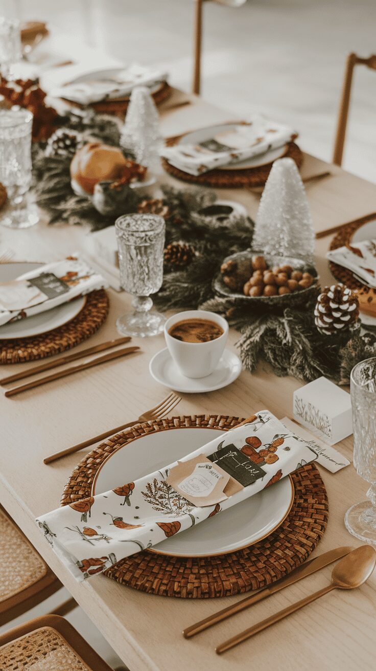 A beautifully set holiday table with festive napkins, plates, and decorative elements.