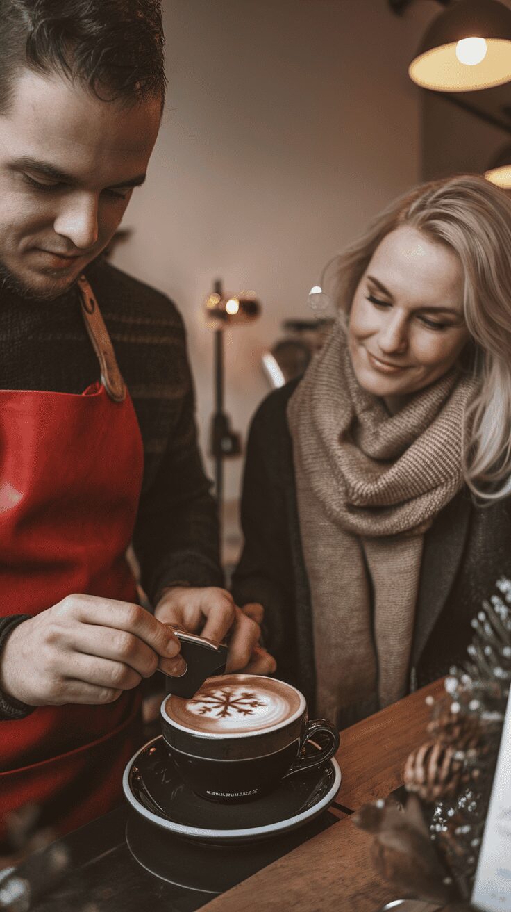 A barista creating latte art with a snowflake stencil while a customer watches in delight.