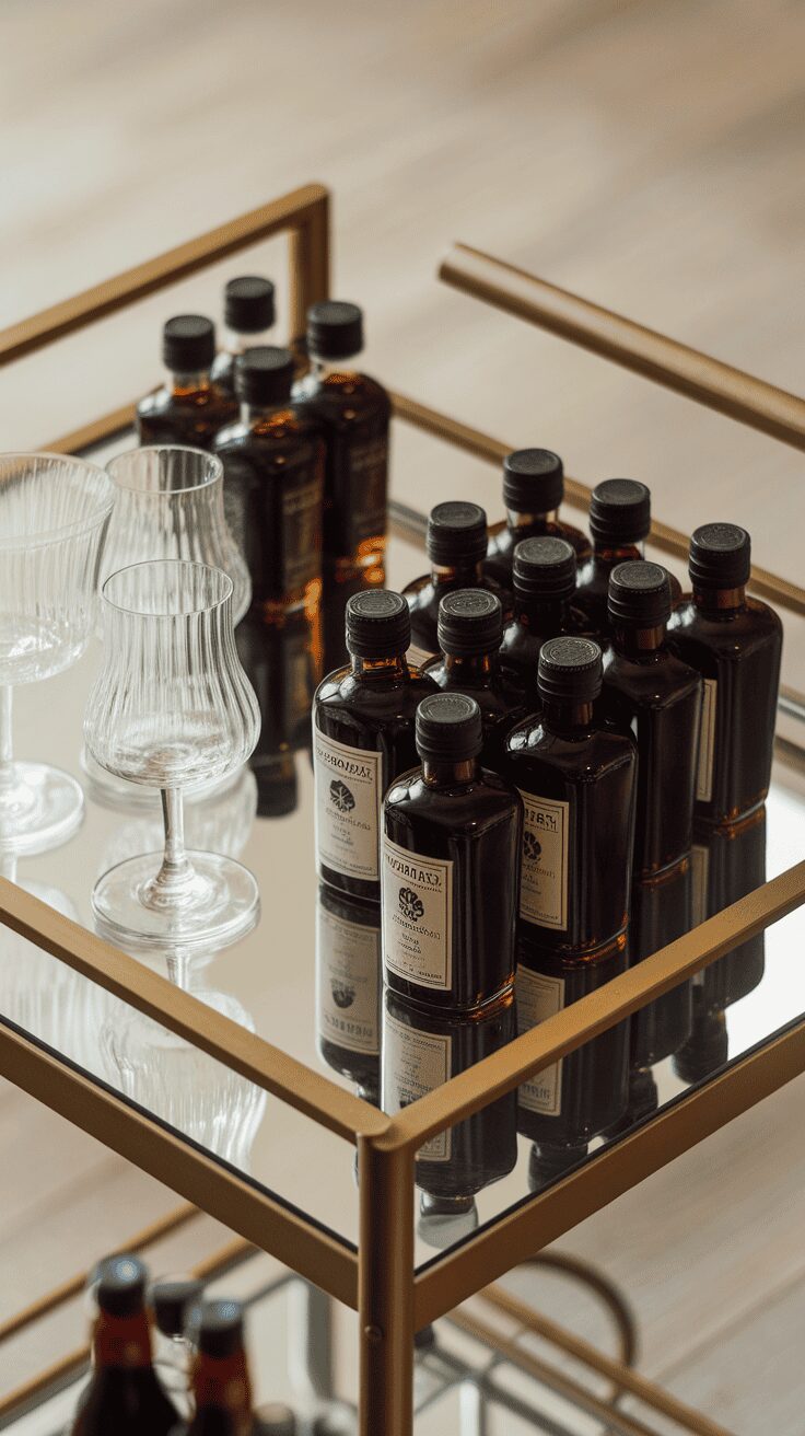 A stylish arrangement of mini bottles of coffee liqueurs on a mirrored tray with elegant glasses.