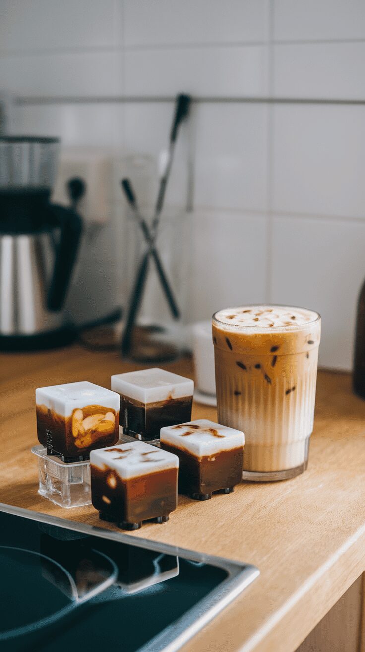 Ice cube molds in front of a glass of iced coffee on a wooden countertop.
