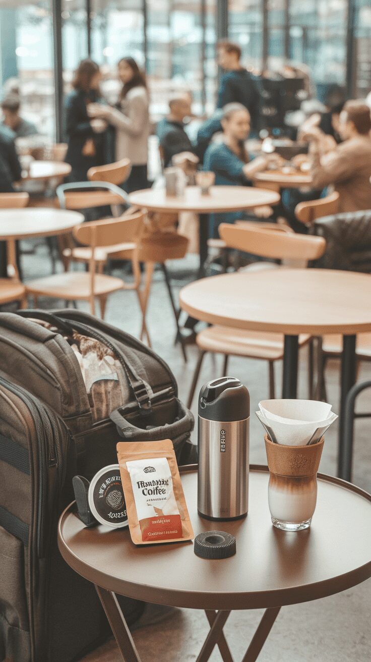 A travel setup with coffee accessories, including a travel mug, coffee bag, and grinder on a table.