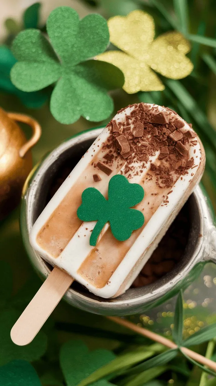 Irish cream coffee popsicle with chocolate shavings and a green shamrock decoration.