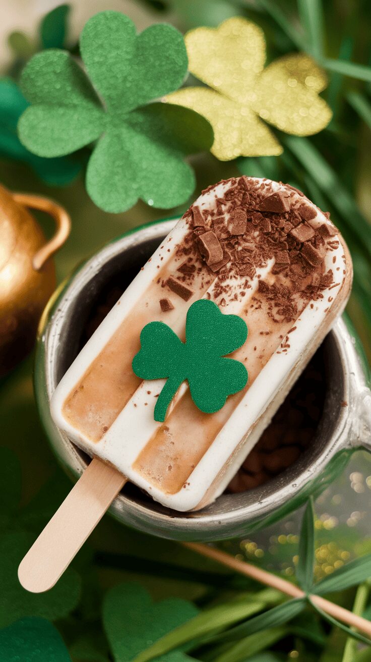 Irish cream coffee popsicle with chocolate shavings and a green shamrock decoration.