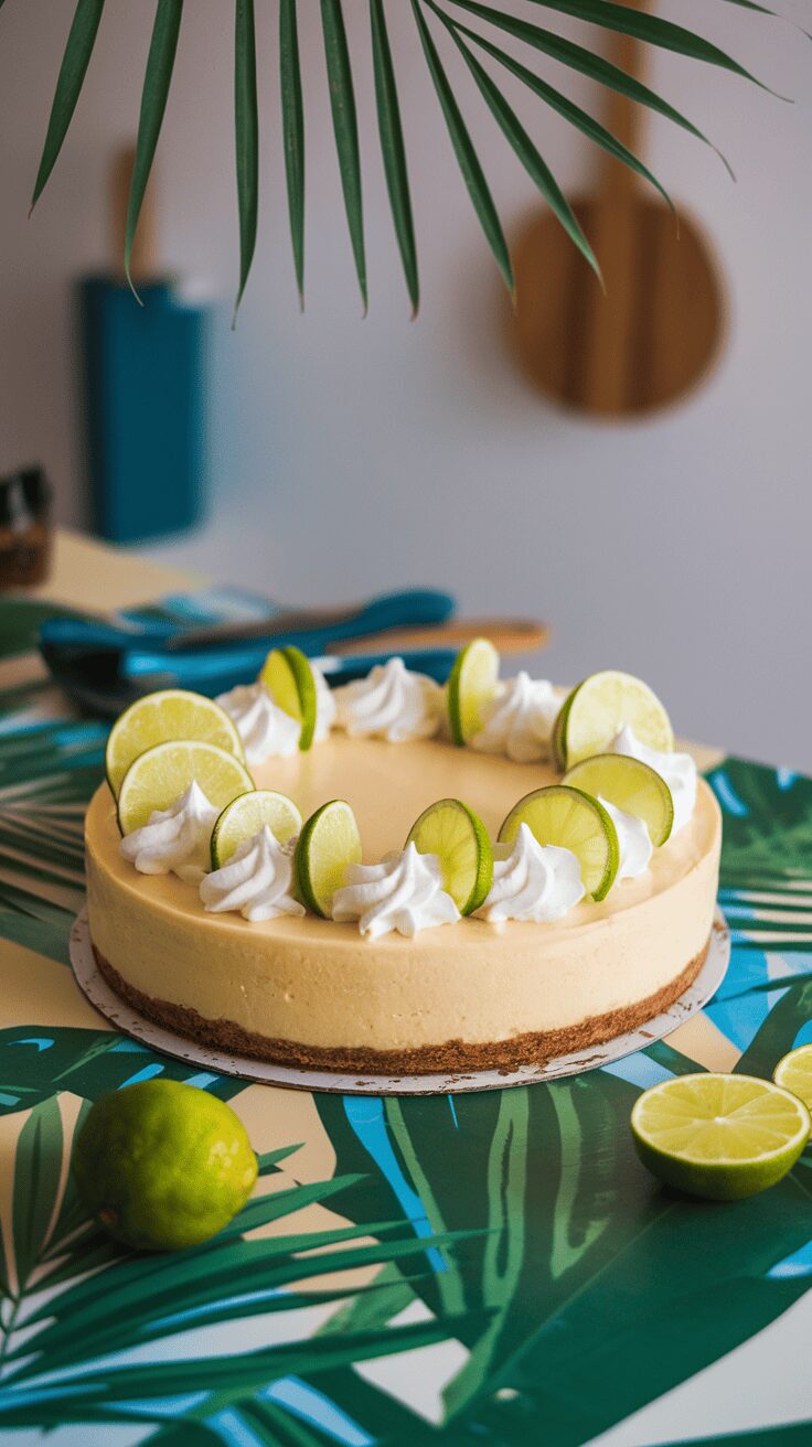 A key lime cheesecake topped with whipped cream and lime slices on a tropical-themed table.