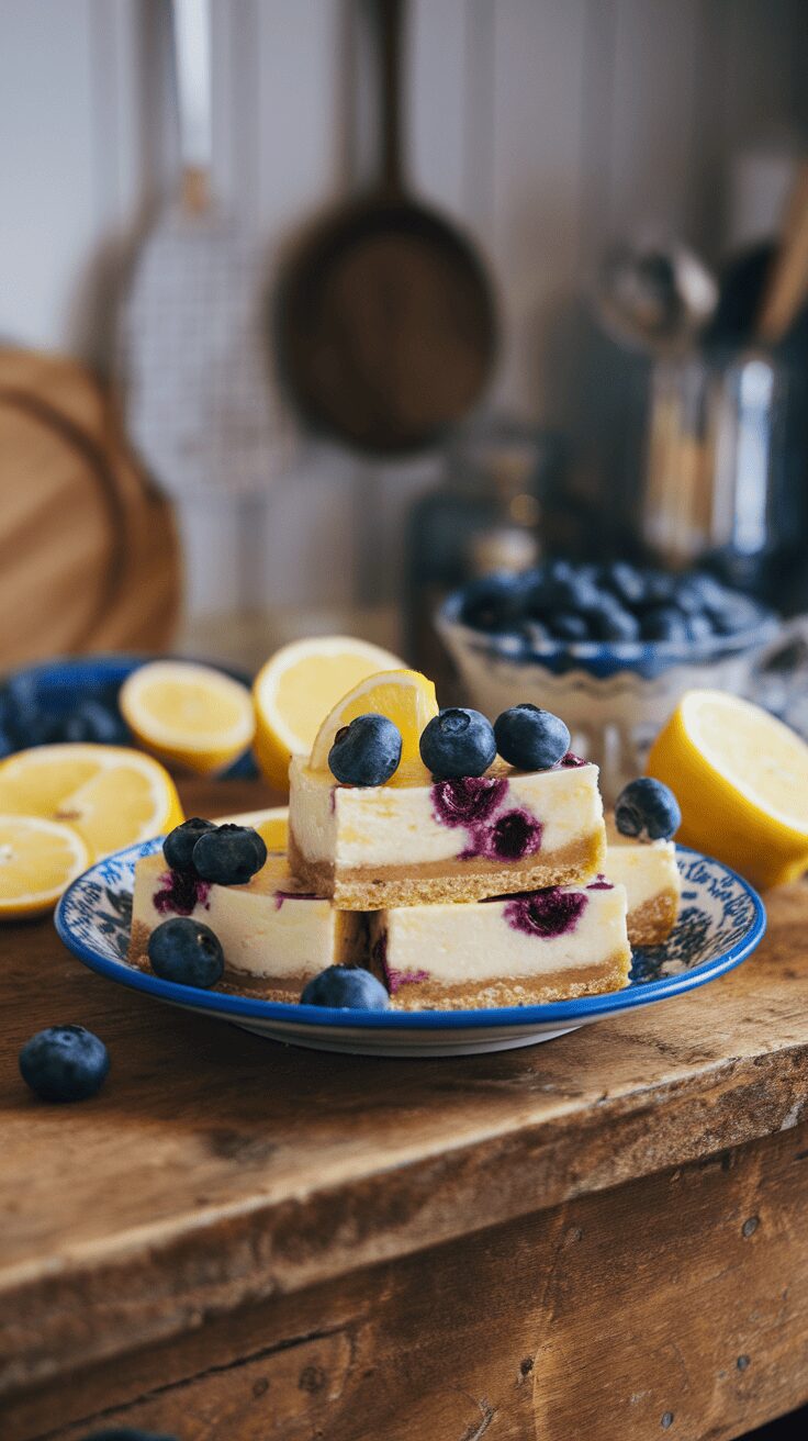 A plate of lemon blueberry cheesecake bars topped with fresh blueberries and lemon slices.