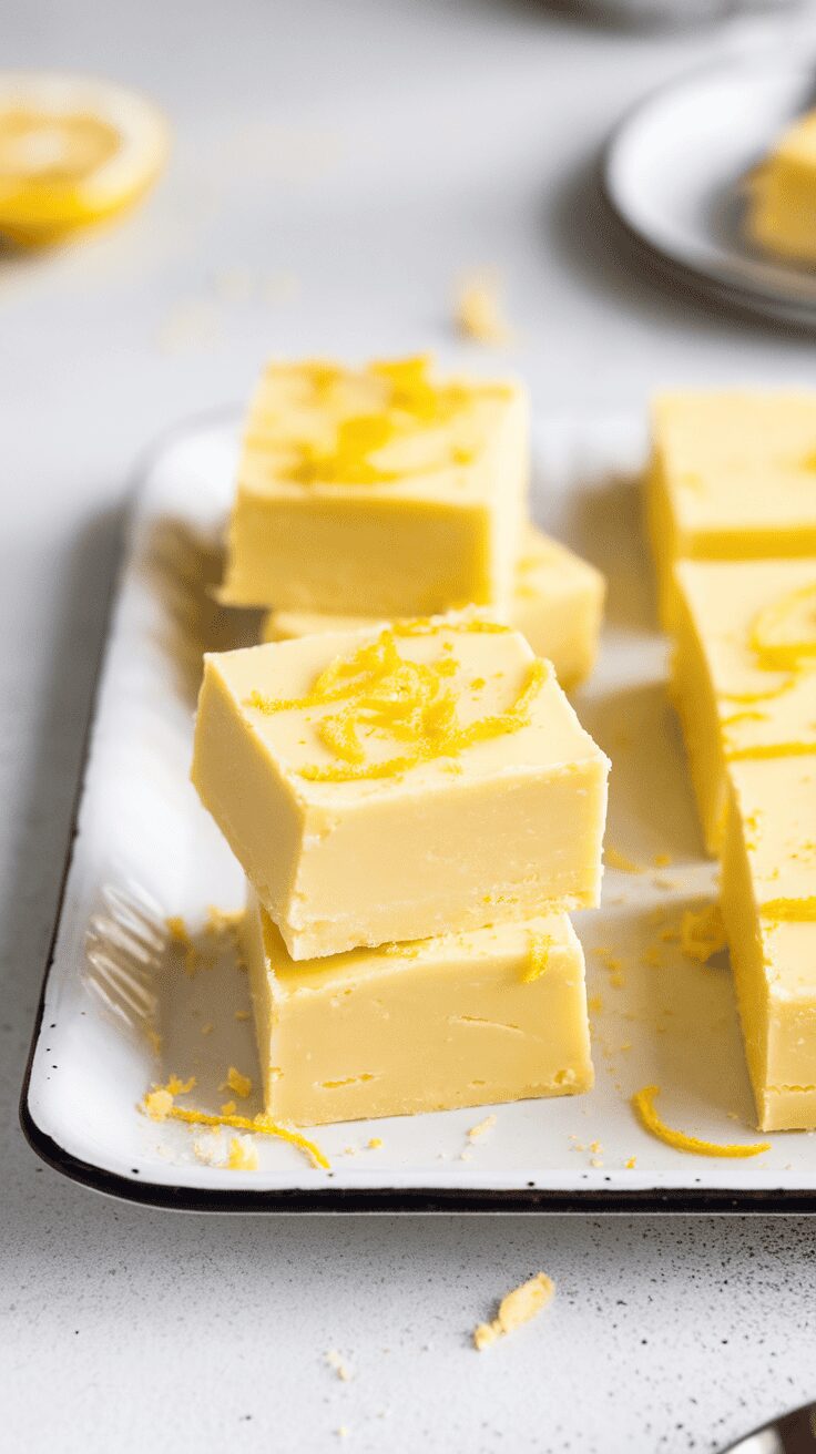 Plate of lemon cream fudge squares with lemon zest on top