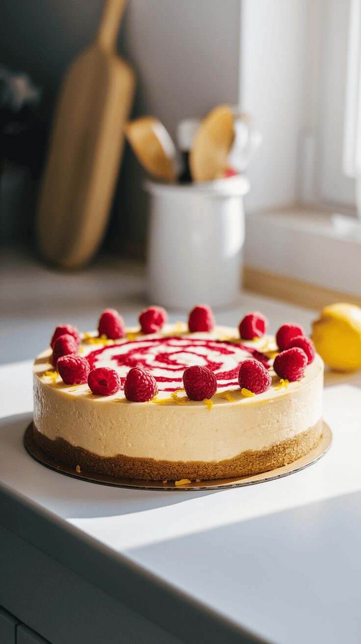 A lemon raspberry cheesecake topped with fresh raspberries and a swirl of raspberry sauce, placed on a kitchen counter.