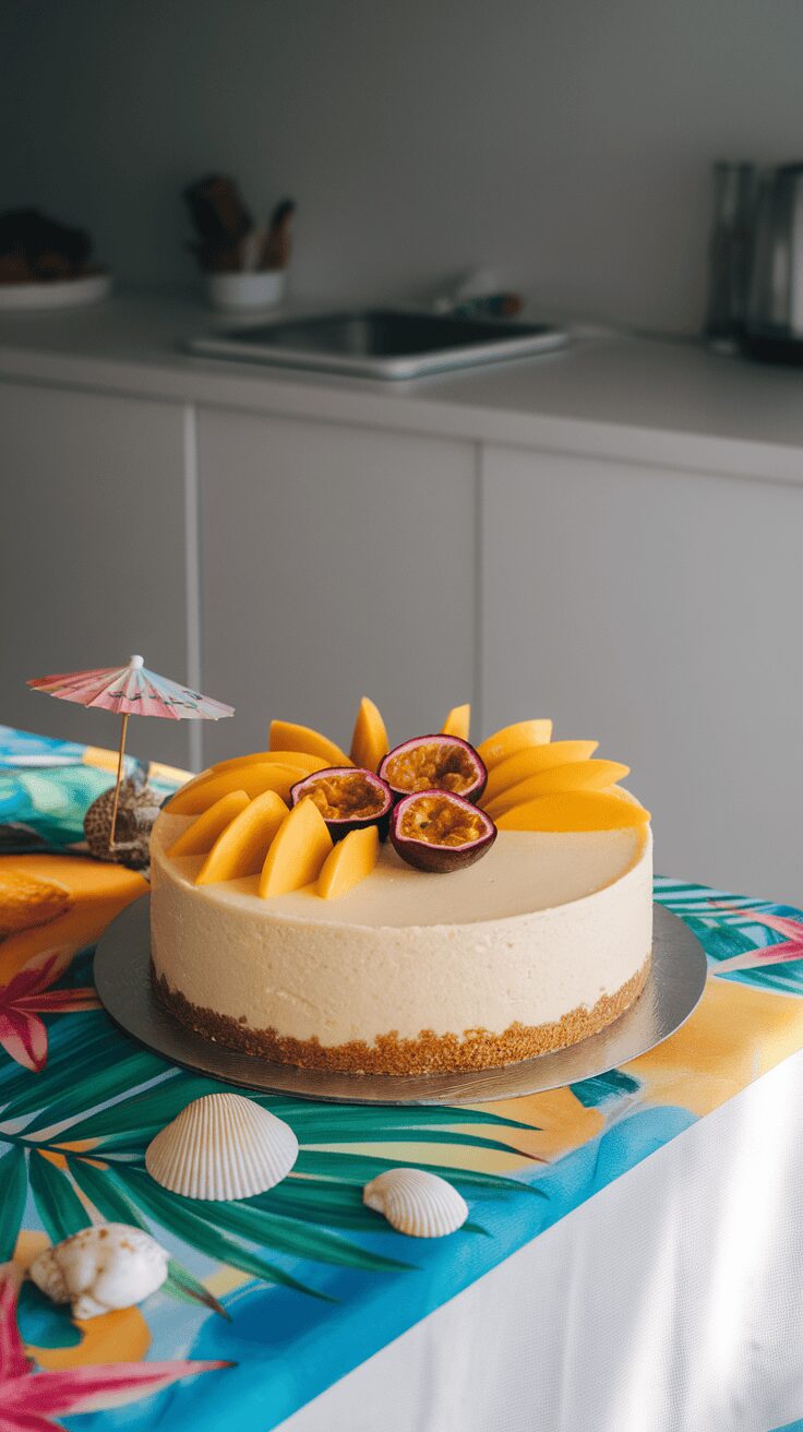 A beautifully decorated mango passionfruit cheesecake with slices of mango and passionfruit on top, displayed on a colorful tropical tablecloth.