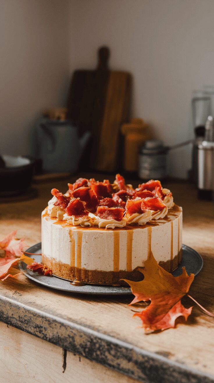 A delicious maple bacon cheesecake topped with crispy bacon and maple syrup.
