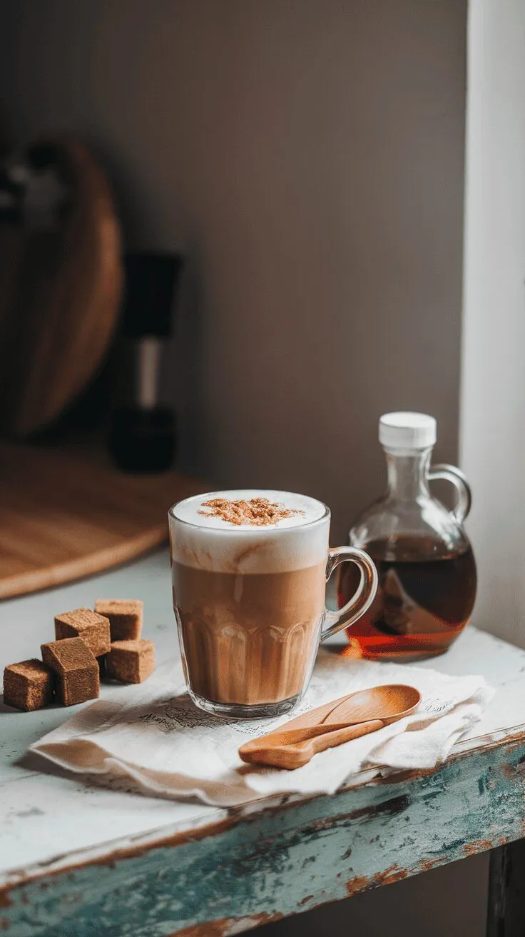 A cup of maple brown sugar protein coffee with a bottle of syrup and brown sugar cubes on a table.