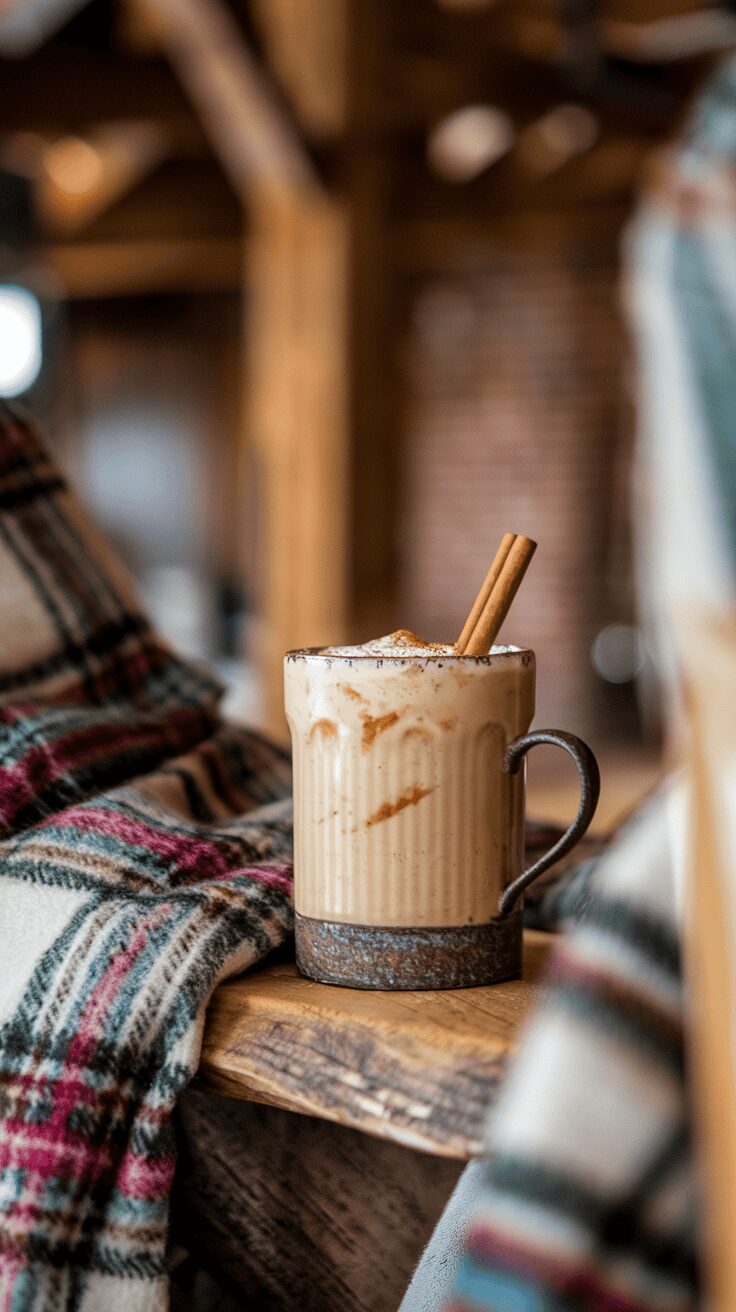 A cozy mug of maple cinnamon eggnog resting on a wooden table with a plaid blanket.